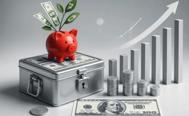 Emergência financeira: Cofrinho com moedas ao lado de um bloco de anotações escrito "Reserva de Emergência", simbolizando planejamento financeiro.