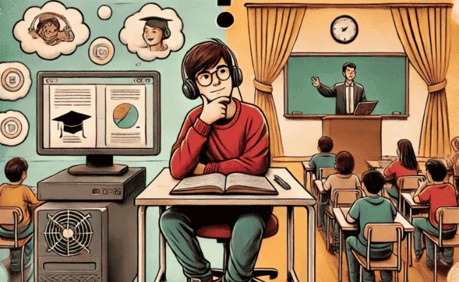 (Alt Text) "Estudante refletindo entre Educação a Distância (EAD) e ensino presencial, com elementos que representam cada modalidade."