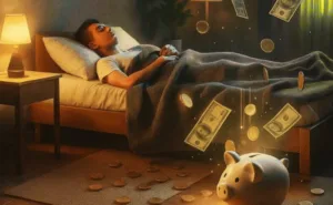 Pessoa dormindo tranquilamente enquanto notas de dinheiro e moedas flutuam ao redor, simbolizando renda passiva e sucesso financeiro.